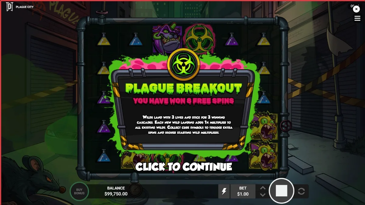 Isang madilim at apocalyptic na tema ng Plague City slot na may mga mutated na nilalang at laboratory equipment.