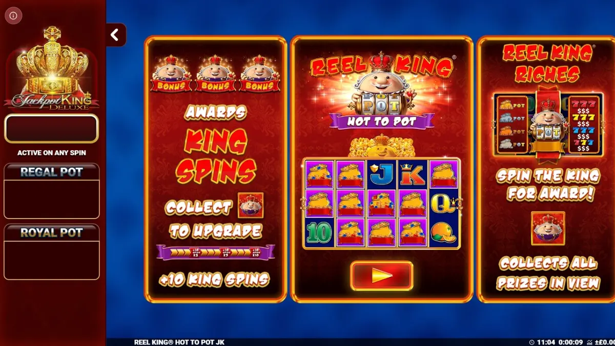 Reel King Hot to Pot slot game screen na may mga prutas at korona